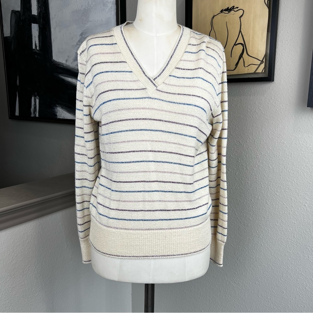 VINTAGE IT'S PURE GOULD cream metallic pink purple blue stripe sweater
